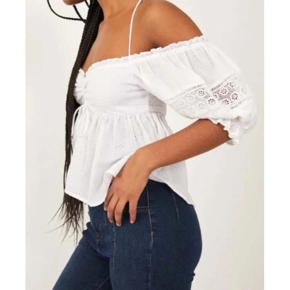 NWOT Free People Bambino Eyelet Puff Sleeve Off Shoulder Crop Top White Size XS